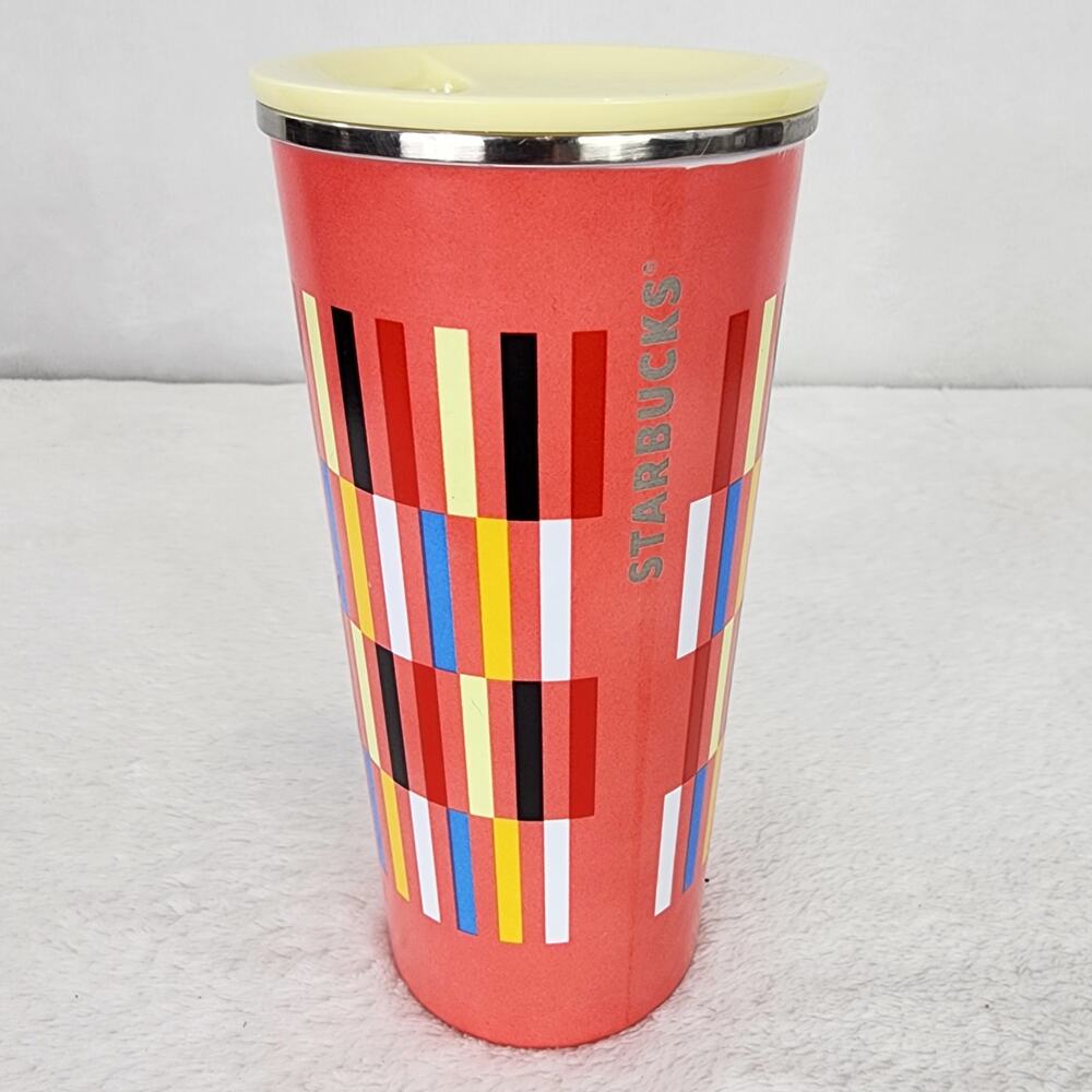 Starbucks Travel Tumbler Stainless Steel Coral Pink Abstract Grid Stripe Pattern